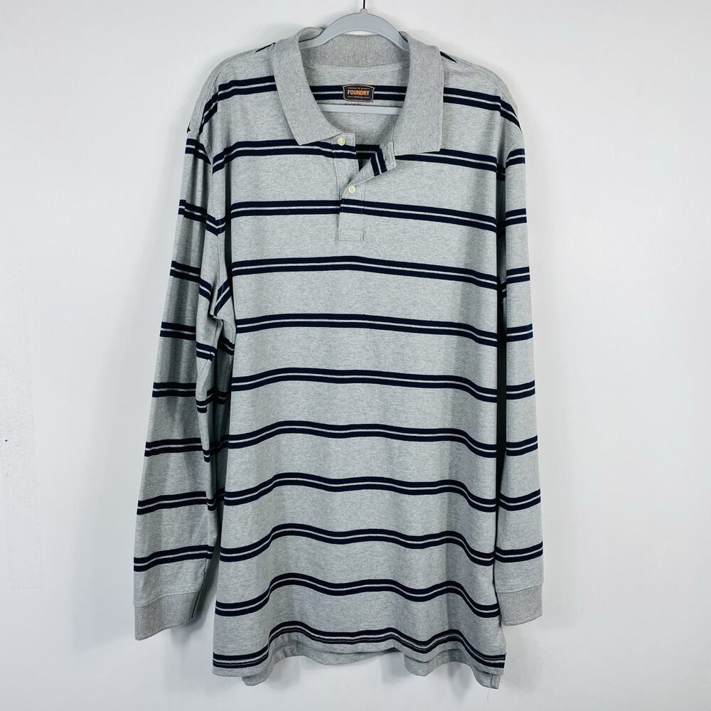 Foundry Polo Shirt XLT XL Tall Striped Long Sleeve 100% Cotton Gray Navy Blue